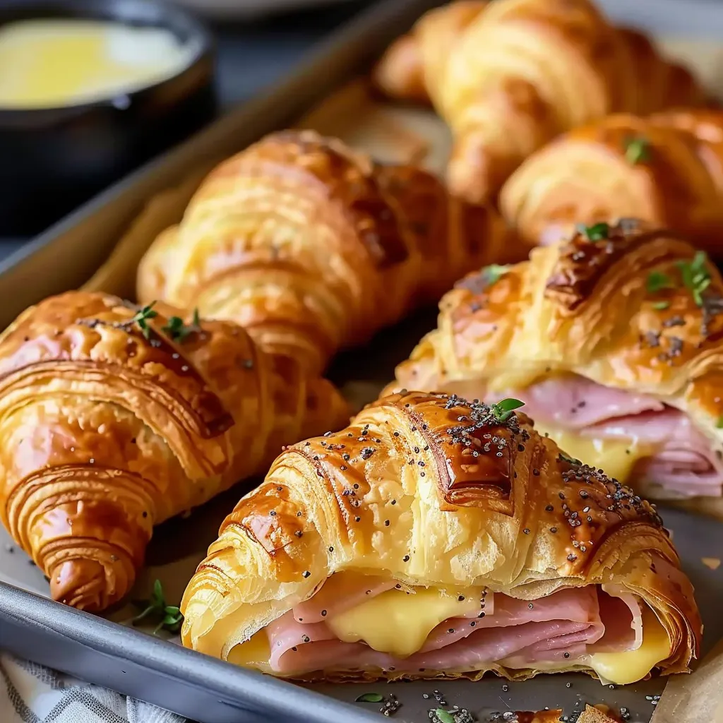 A tray of croissants with ham and cheese.