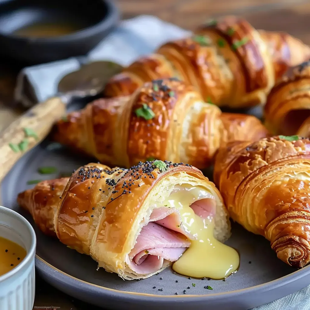A plate of croissants with ham and cheese.