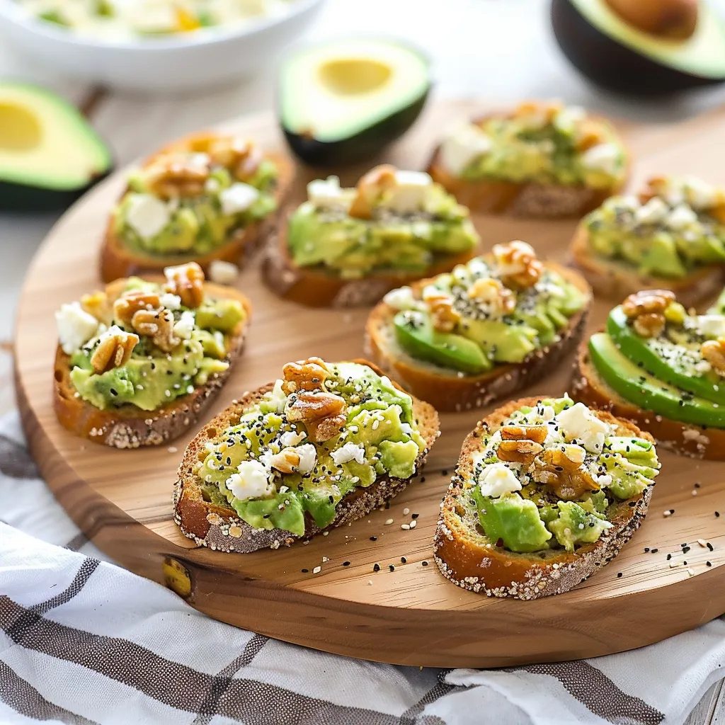 A wooden cutting board with slices of bread and avocado.