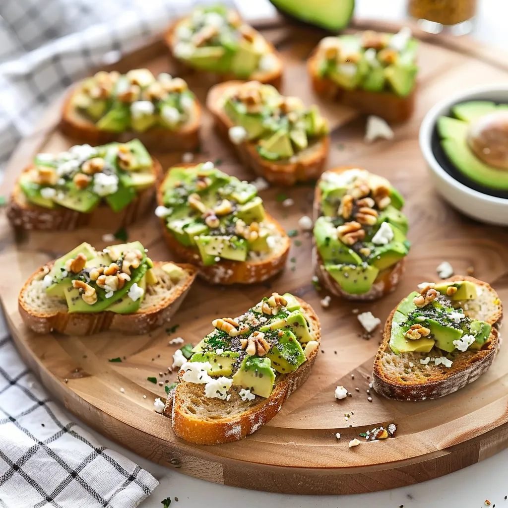 A wooden cutting board with slices of bread topped with avocado and nuts.