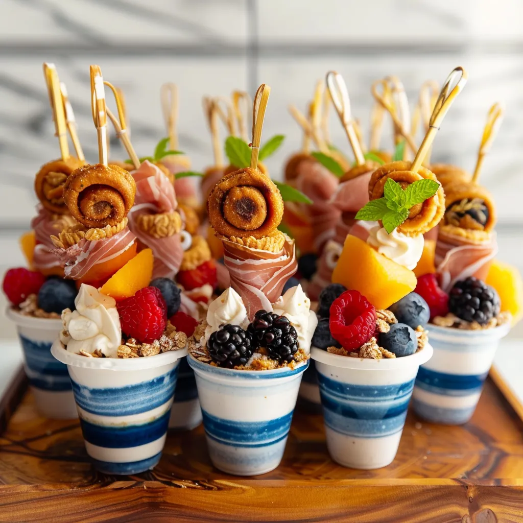 A plate of food with a blue and white striped cup.