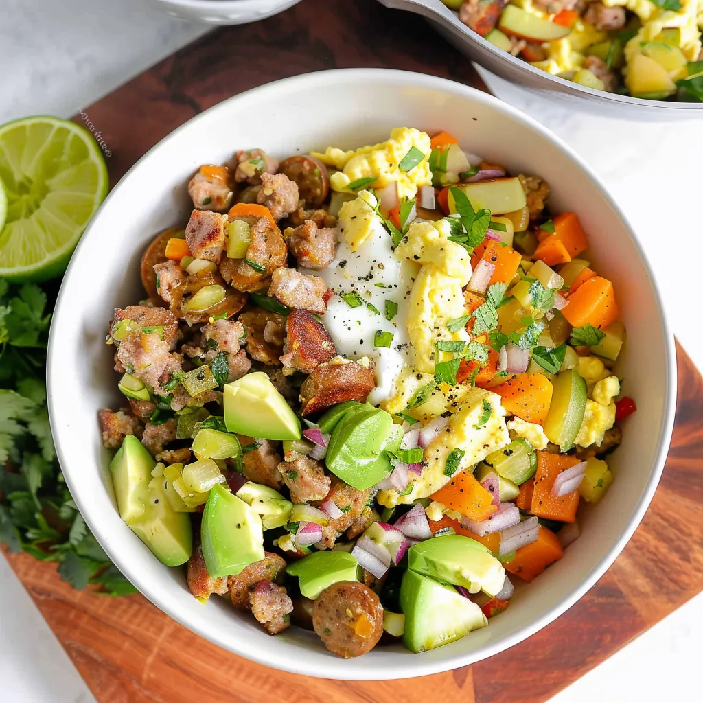 A bowl of food with meat, vegetables and eggs.