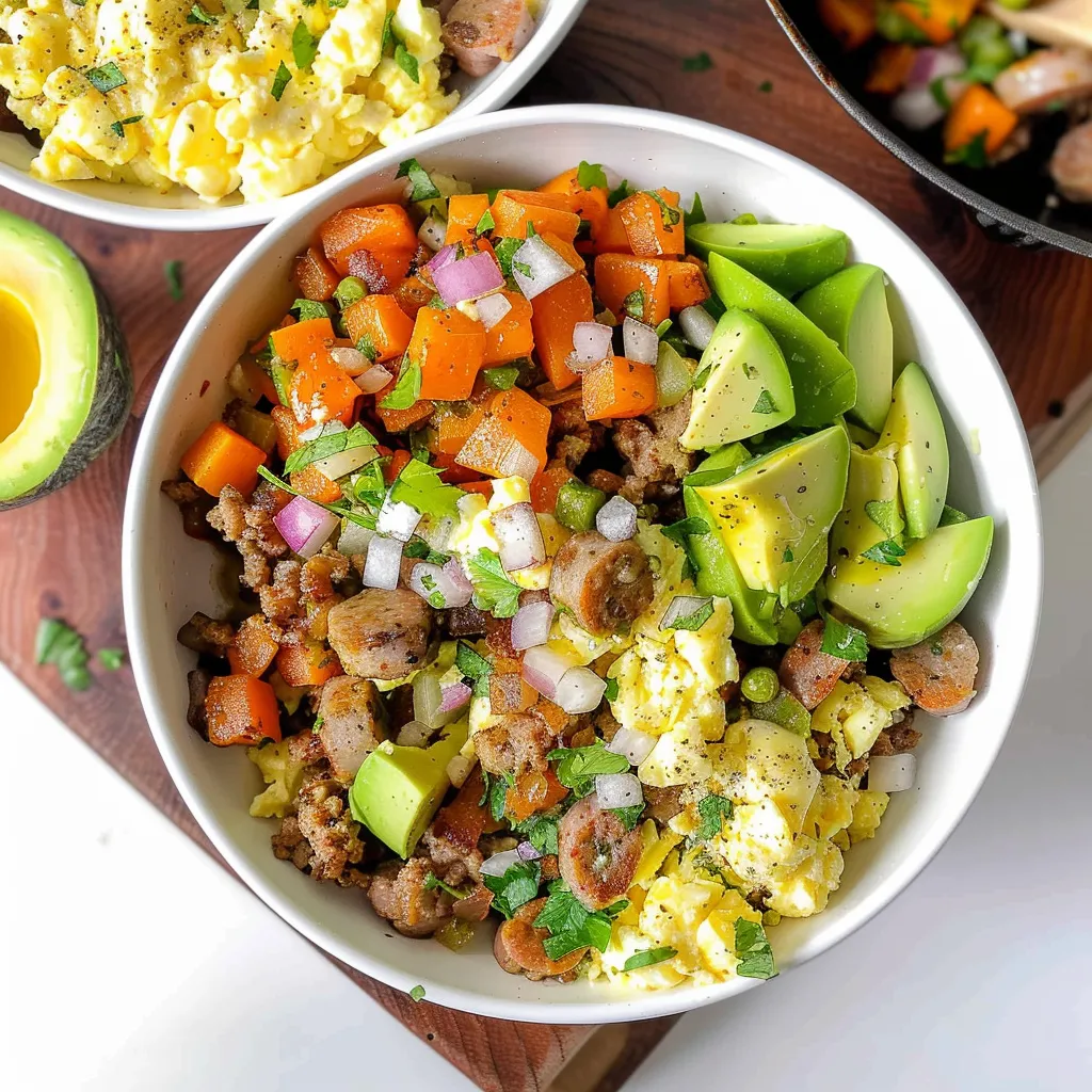 A bowl of food with meat, vegetables, and avocado.
