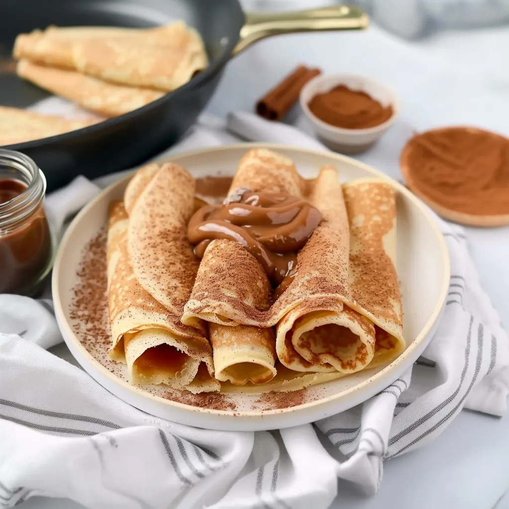 A plate of crepes with chocolate sauce.