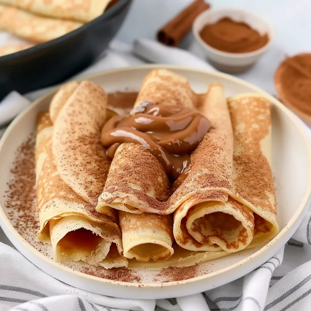 A plate of crepes with chocolate sauce.