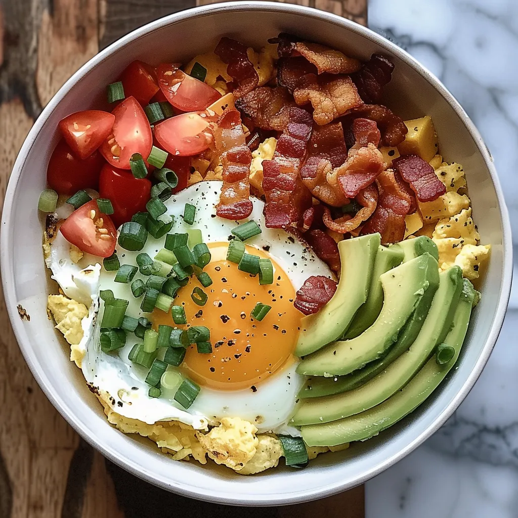 A bowl of food with eggs, bacon, tomatoes, and avocado.