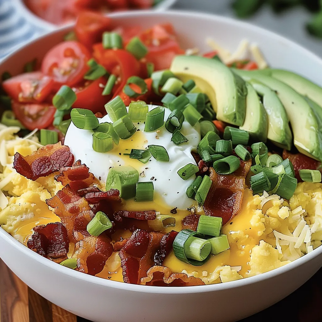 A bowl of food with bacon, tomatoes, avocado, and cheese.
