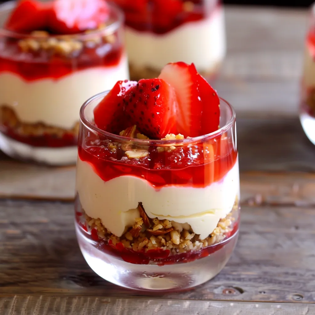 A glass of strawberry yogurt with granola.