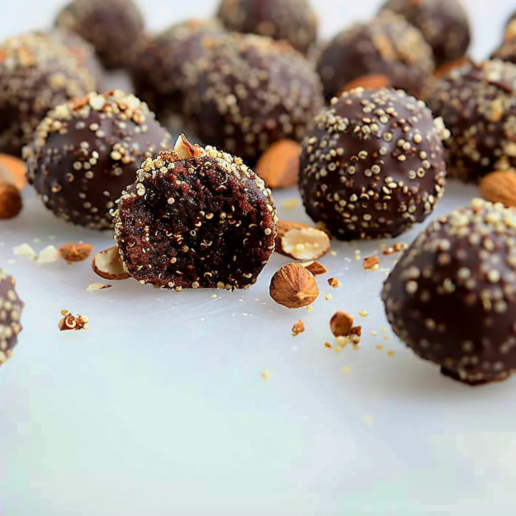 A close up of a chocolate covered nut.
