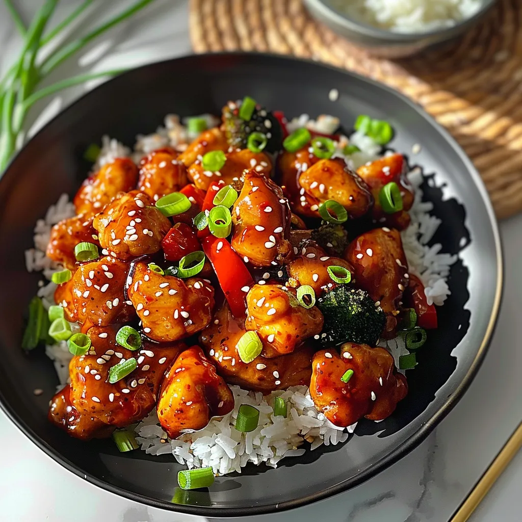A bowl of chicken and rice with broccoli and peppers.