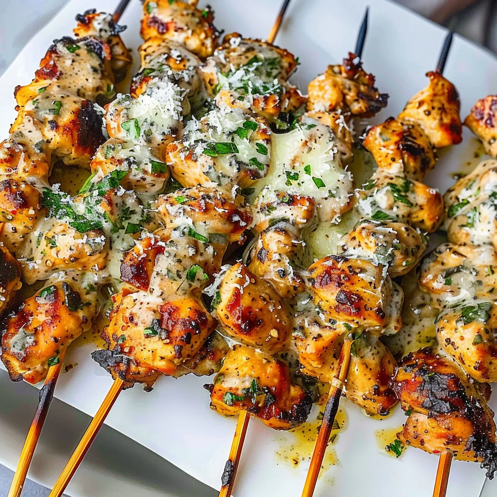 A plate of chicken skewers with cheese and herbs.