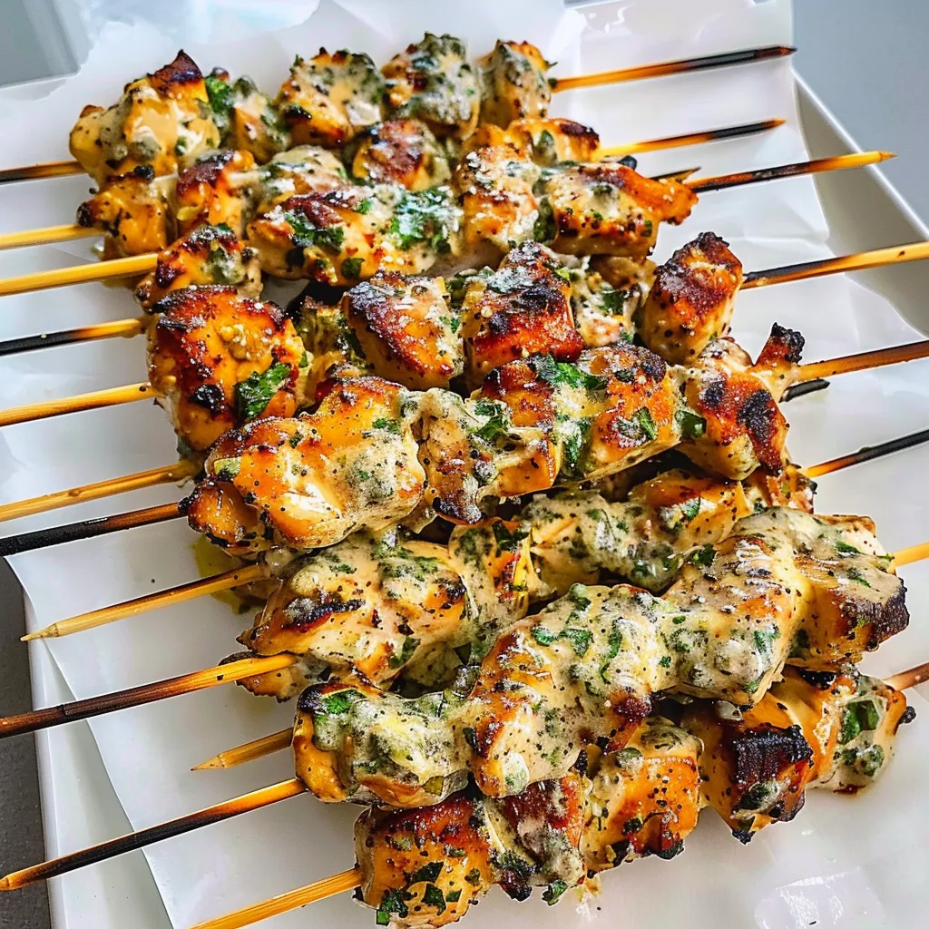 A plate of chicken skewers with green toppings.