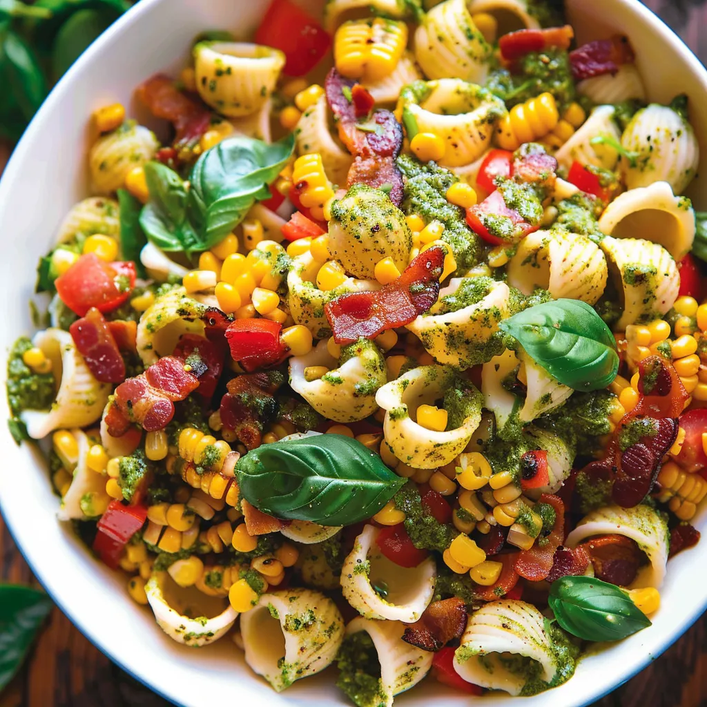 A bowl of pasta with tomatoes, corn, and spinach.