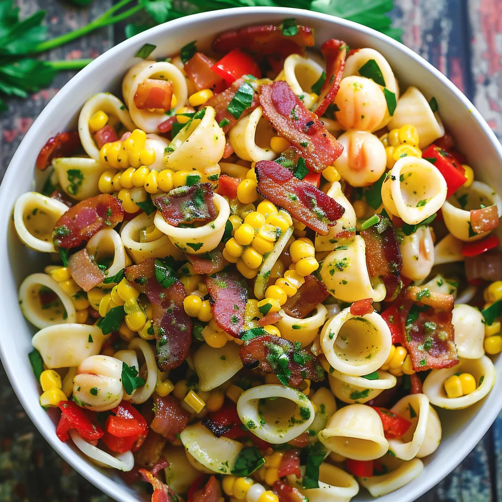 A bowl of pasta with corn and bacon.