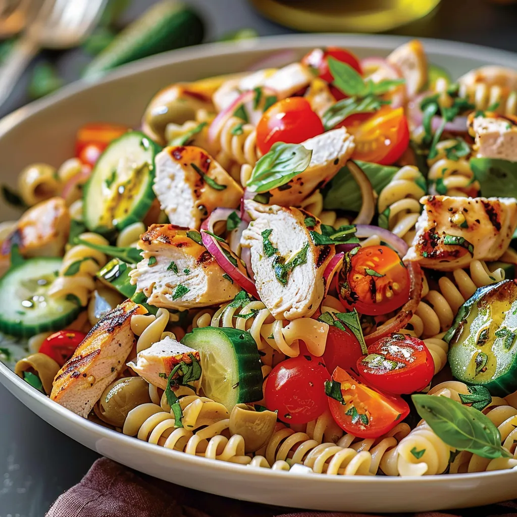 A plate of pasta with chicken, tomatoes, and cucumbers.