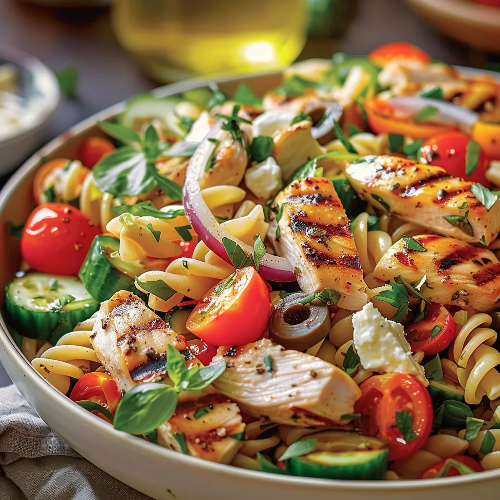 A bowl of food with chicken, tomatoes, and pasta.