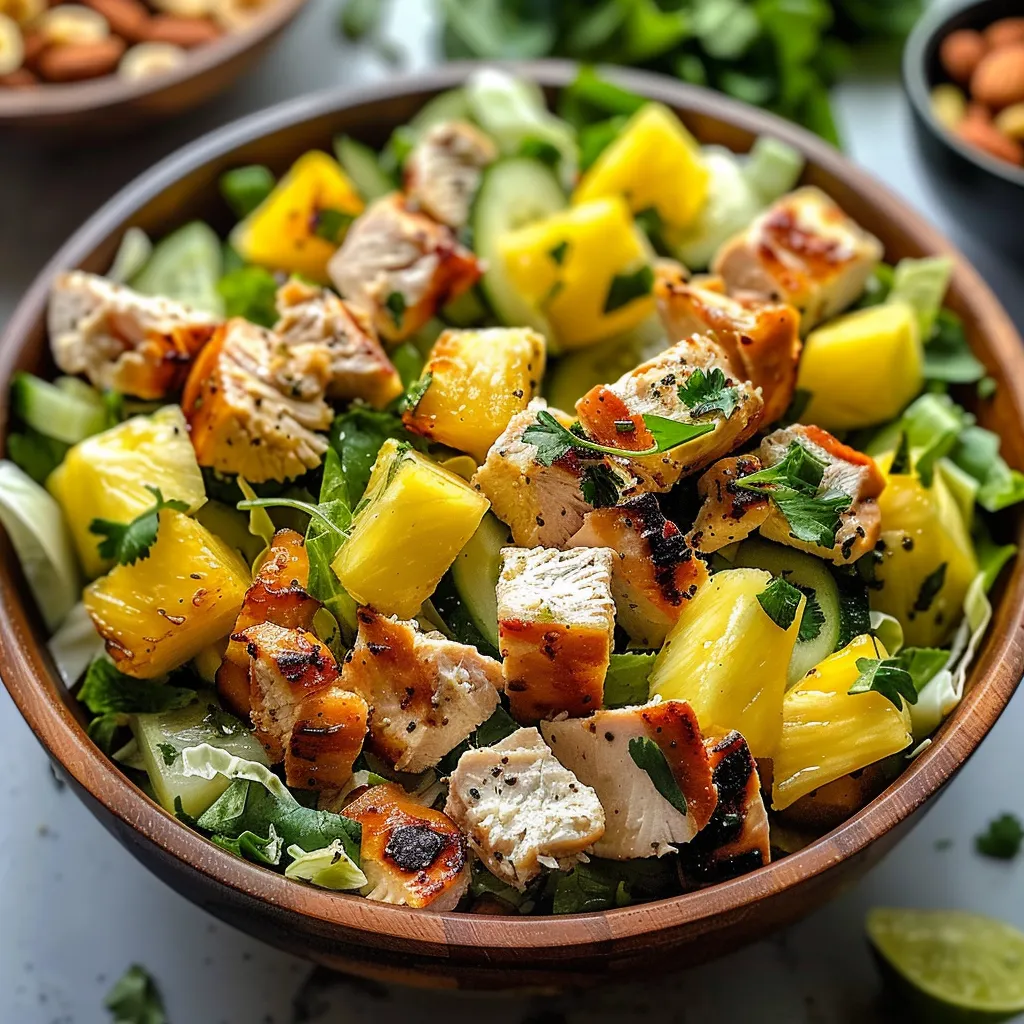 A bowl of chicken salad with pineapple.