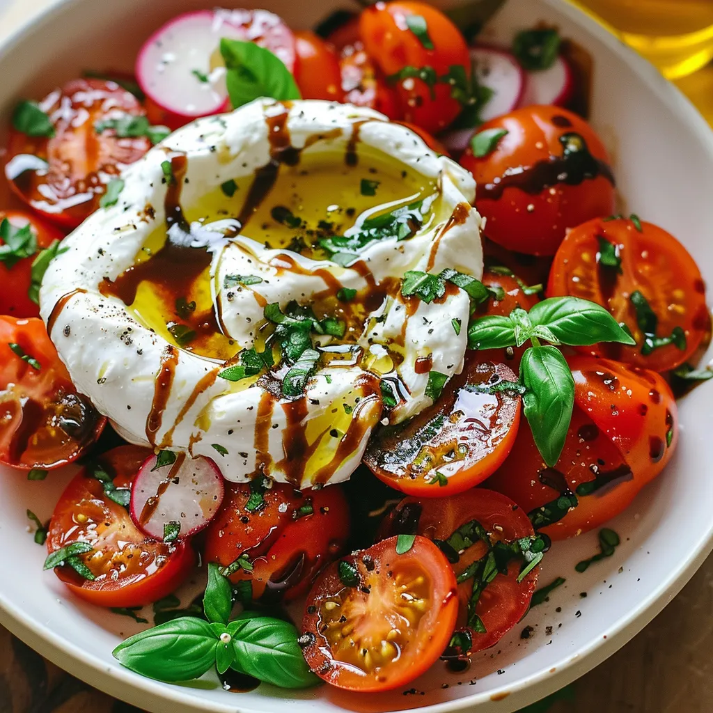 A bowl of food with tomatoes, cheese, and basil.