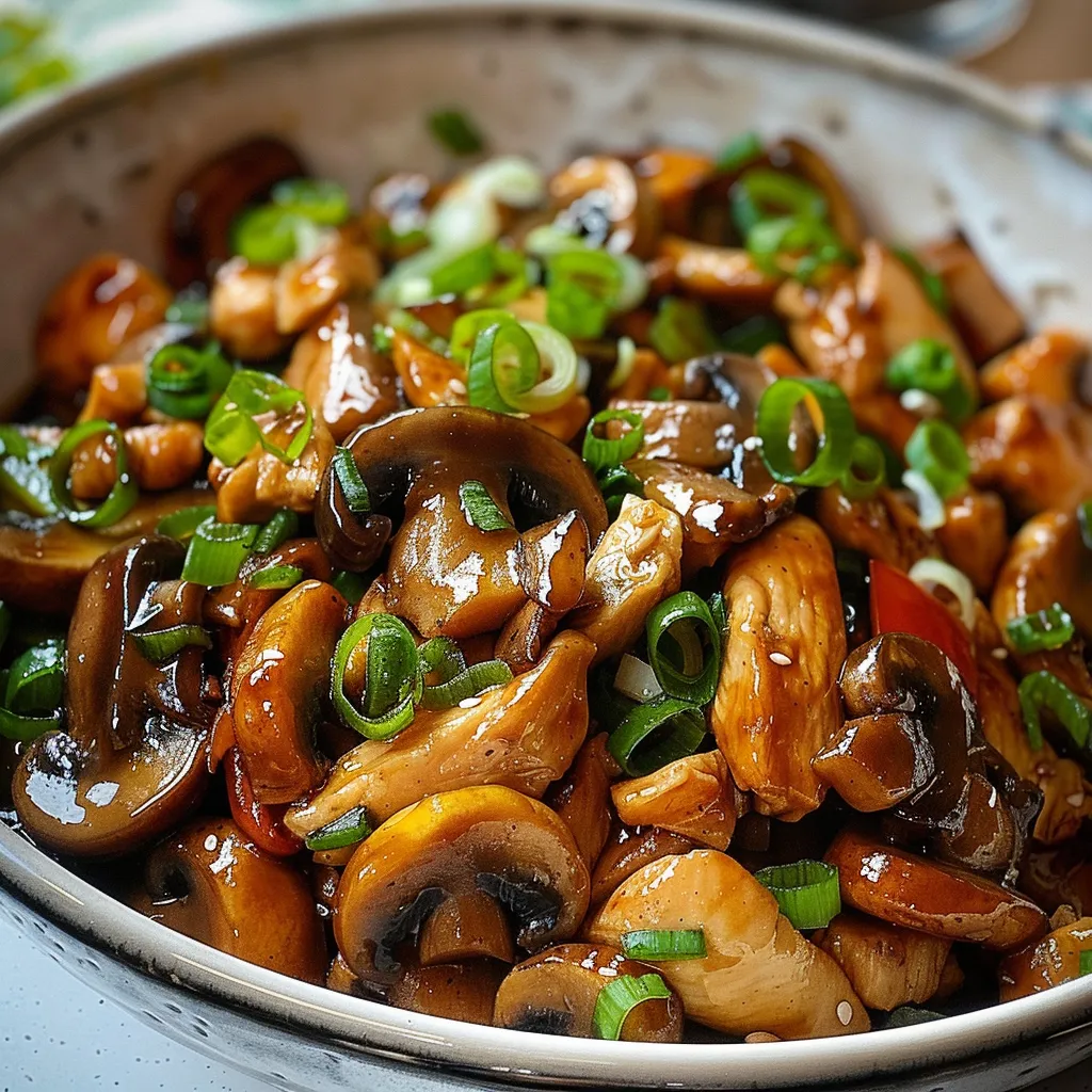 A bowl of mushrooms and chicken.