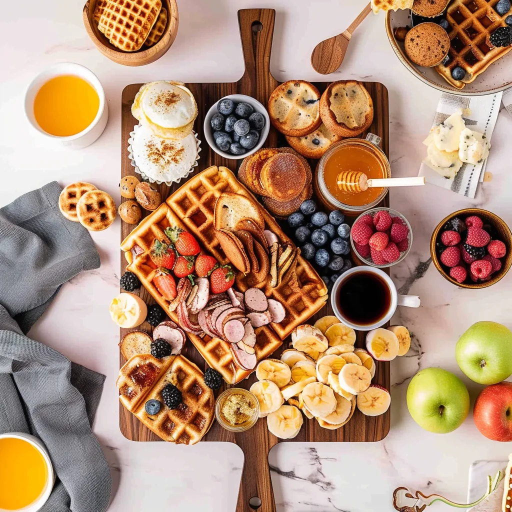 A wooden cutting board with a variety of foods on it.