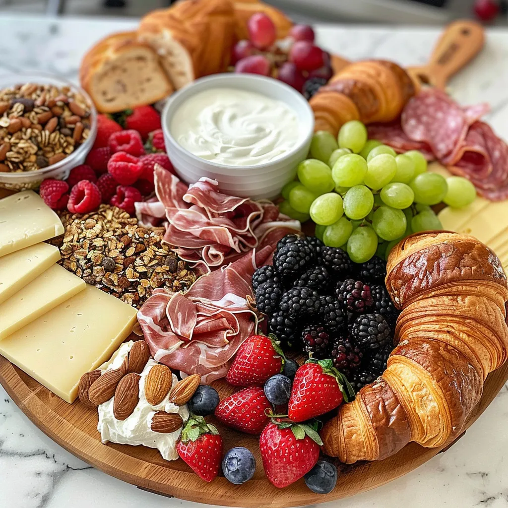 A wooden platter with a variety of foods.