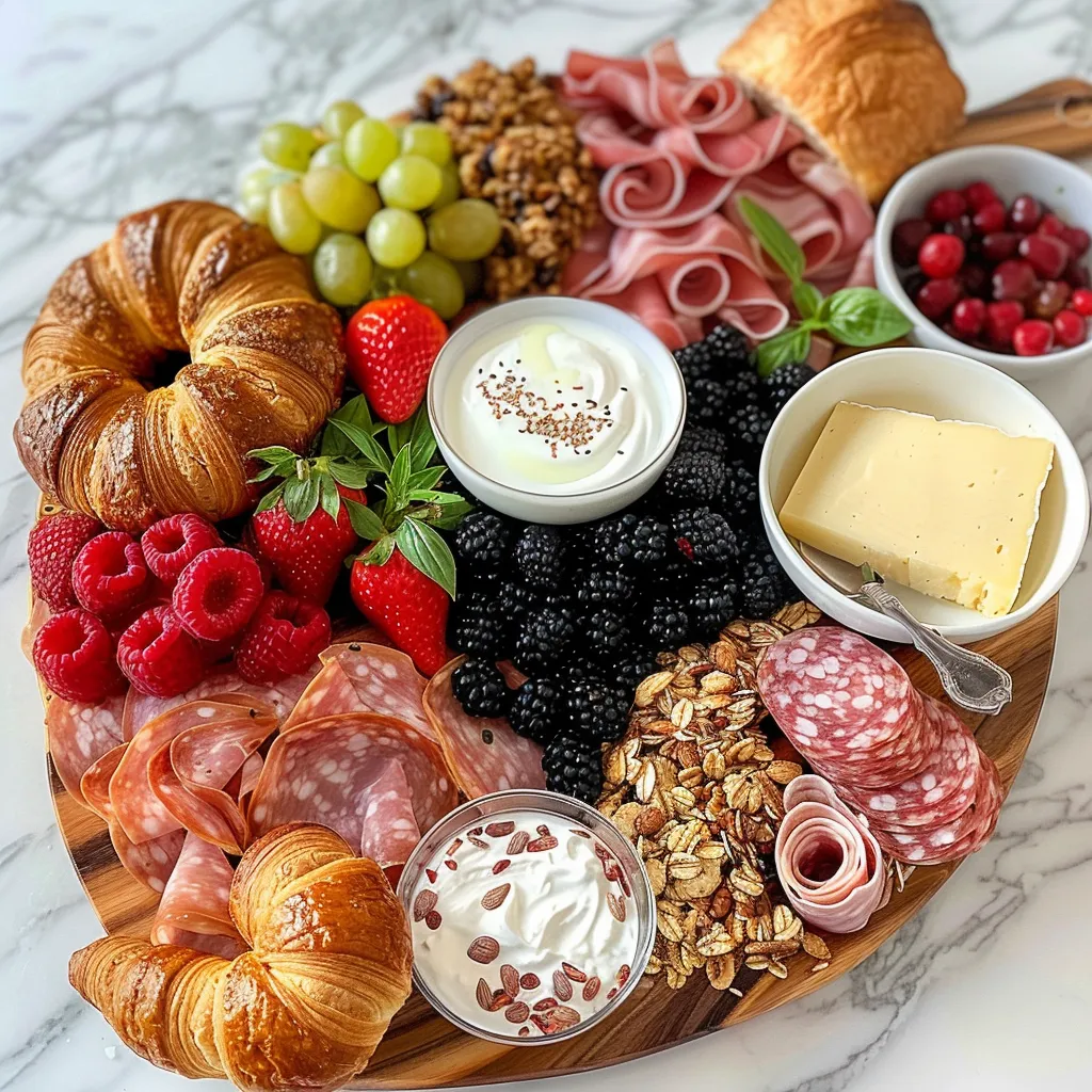 A wooden platter with a variety of foods including fruits, cheese, and meats.