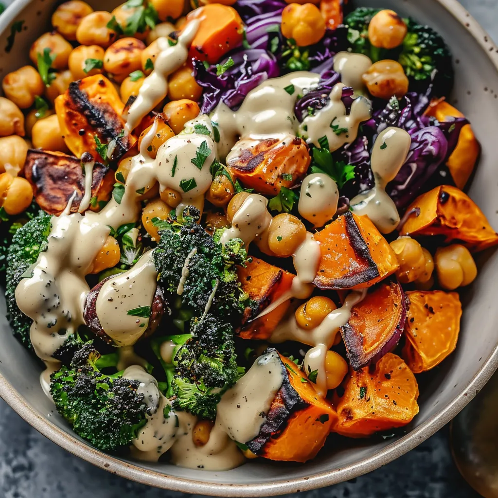A bowl of vegetables with a white sauce.