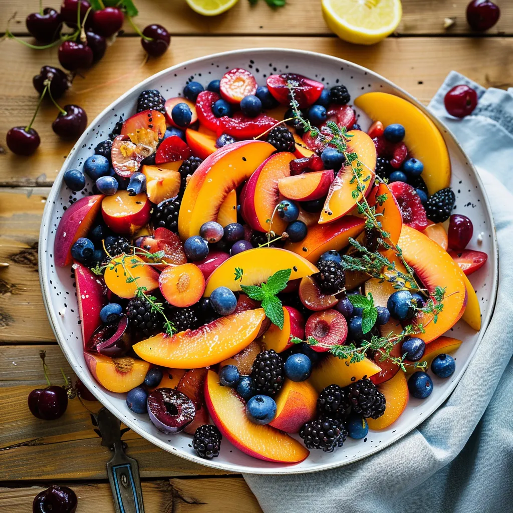 A bowl of fruit with blueberries, cherries, peaches, and limes.