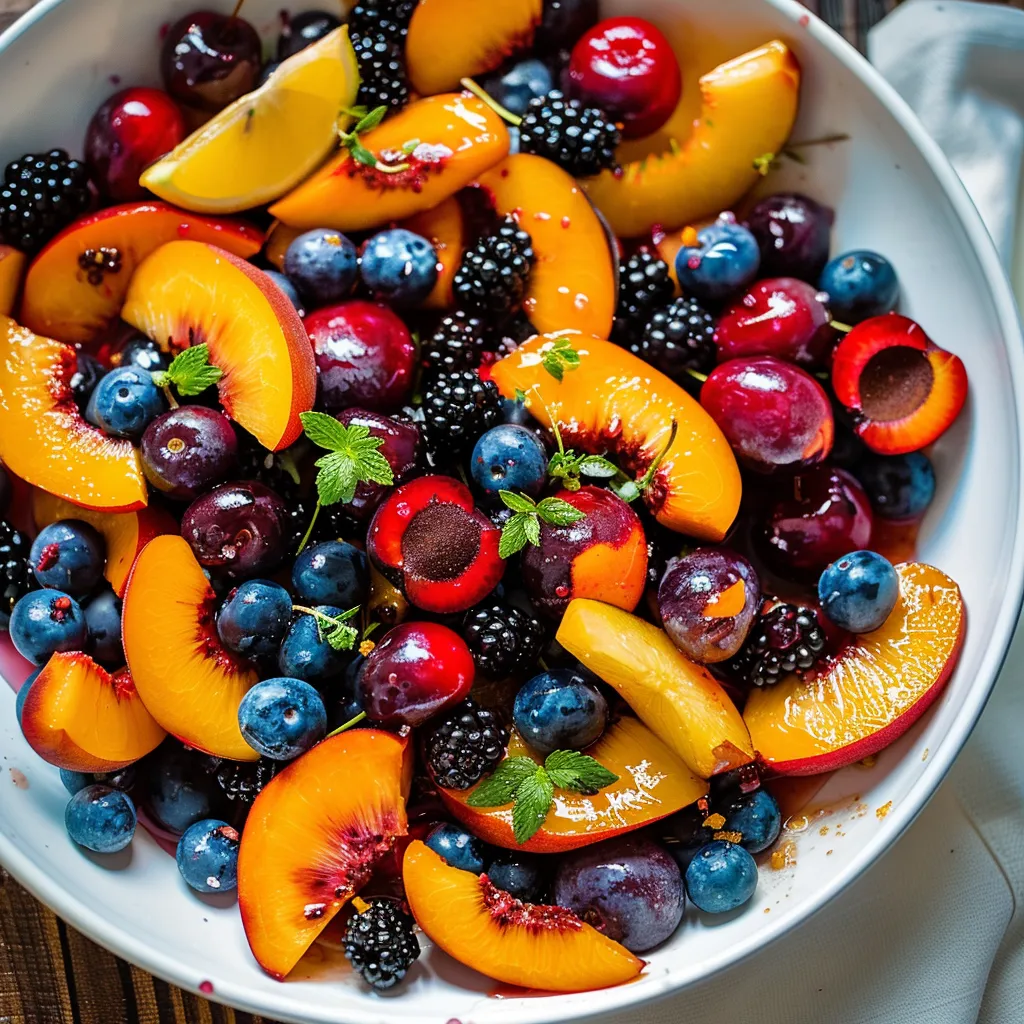 A bowl of fruit with blueberries, peaches, and blackberries.