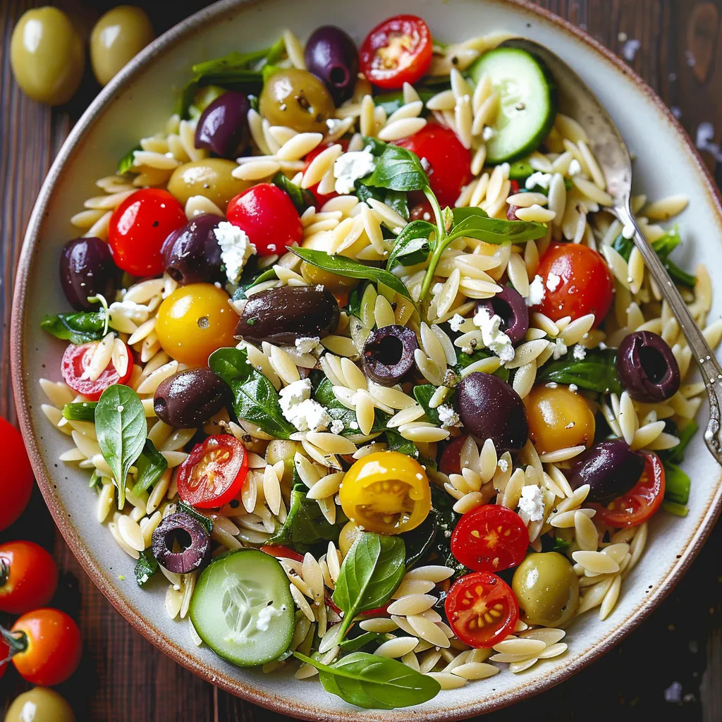 A bowl of pasta salad with tomatoes, cucumbers, olives, and feta cheese.