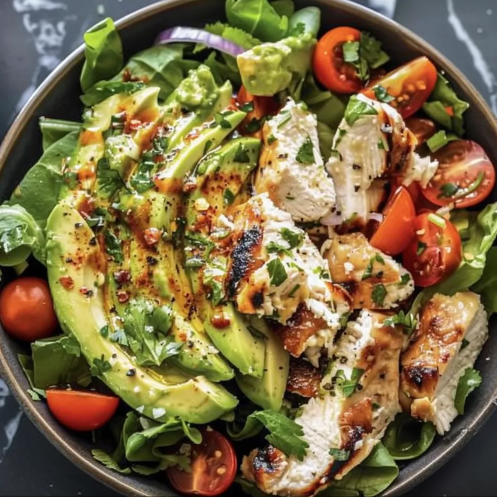 A bowl of food with chicken, tomatoes, lettuce, and avocado.