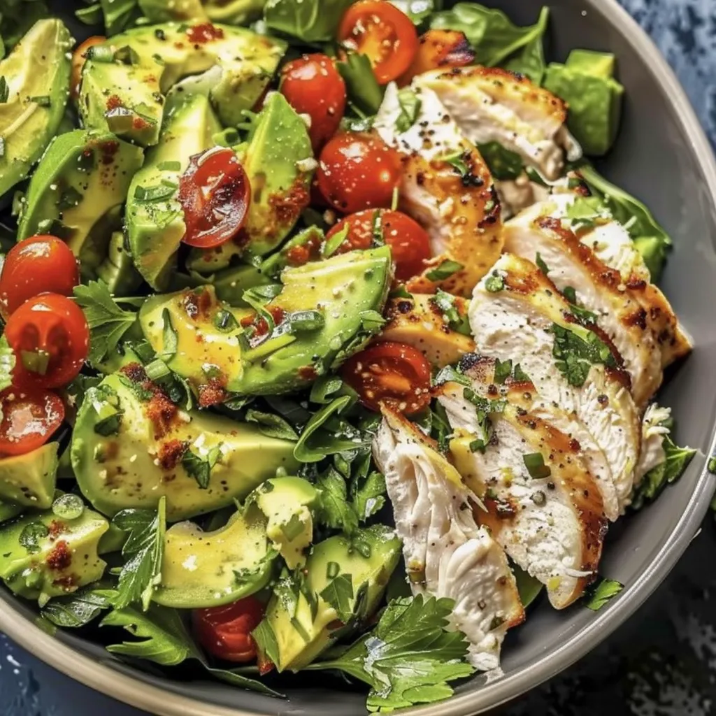 A bowl of food with chicken and avocado.