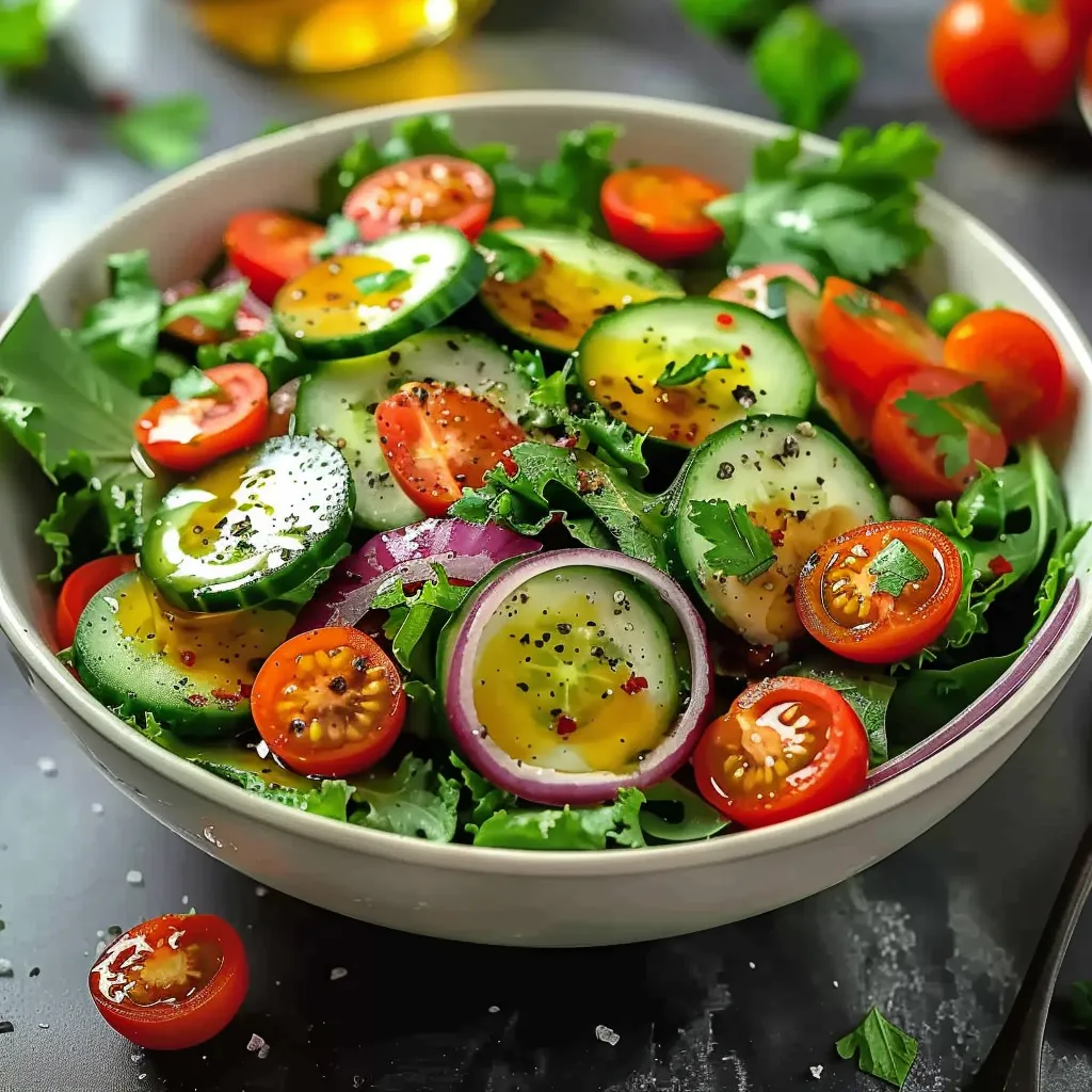 A bowl of vegetables including tomatoes, cucumbers, and lettuce.
