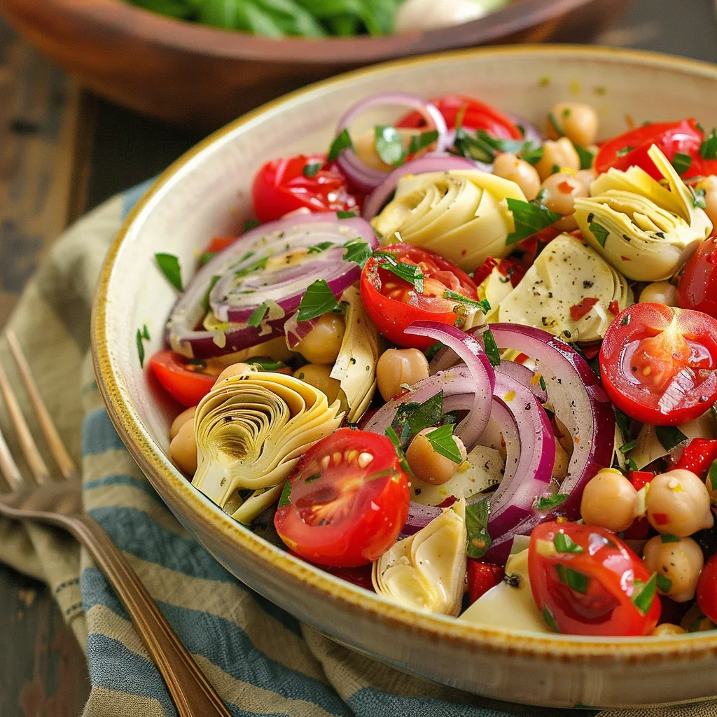 A bowl of vegetables with tomatoes, onions, and chickpeas.