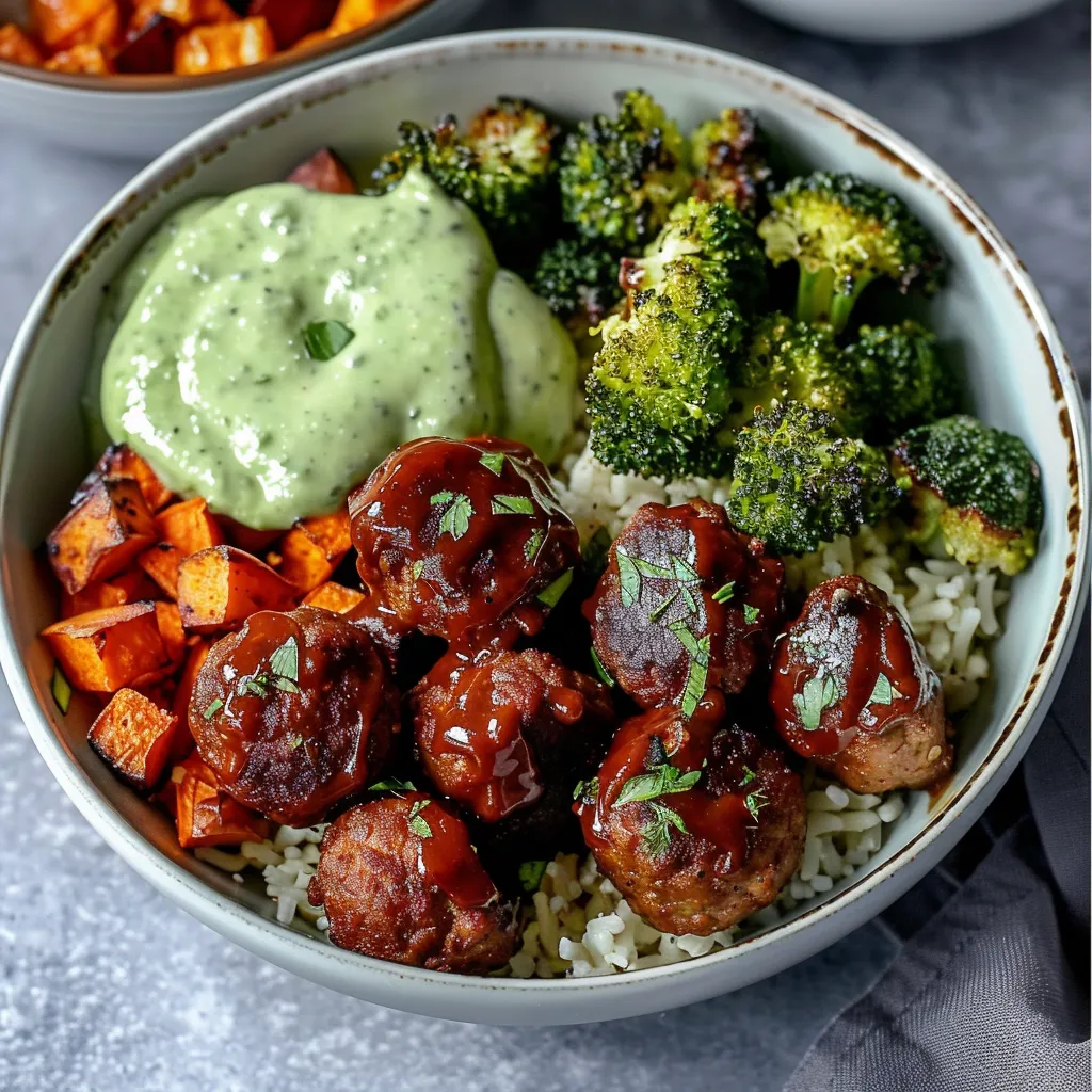 A bowl of food with meatballs, rice, and broccoli.