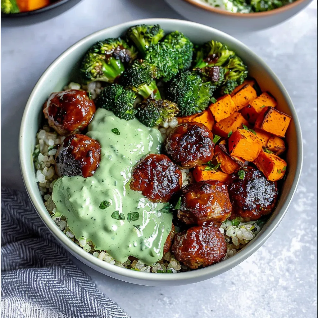 A bowl of food with meatballs, broccoli, and carrots.