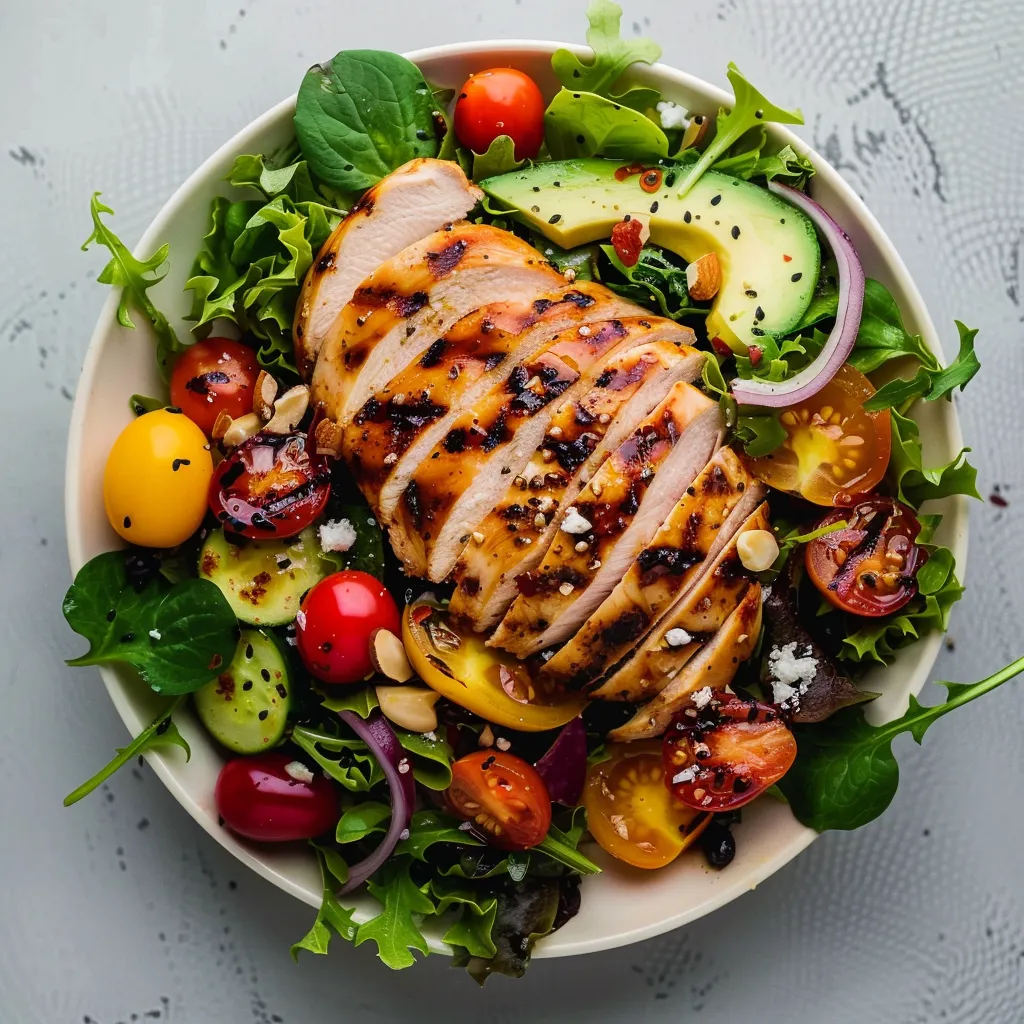 A bowl of food with chicken, tomatoes, lettuce, and other vegetables.