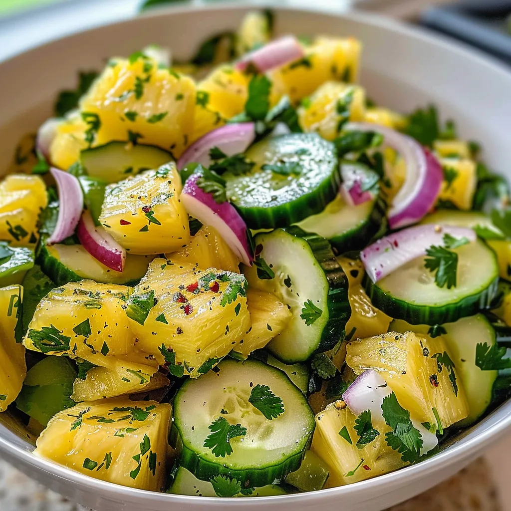 A bowl of vegetables including cucumbers, onions, and pineapple.
