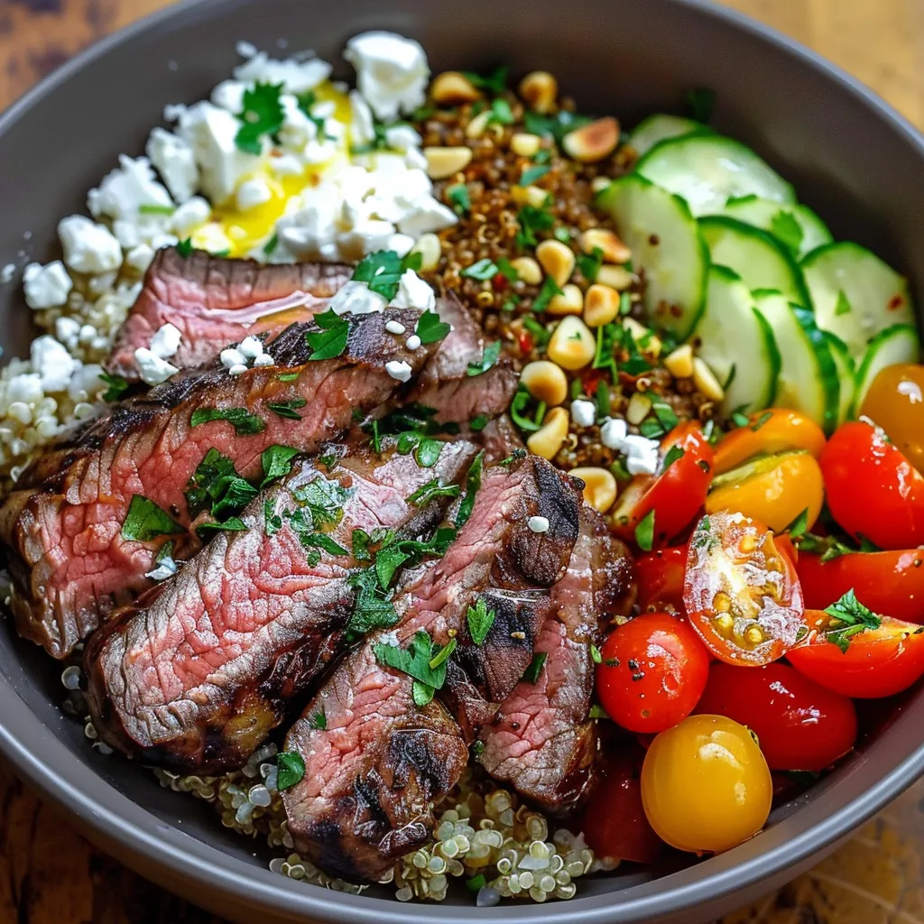 A bowl of food with meat, vegetables, and rice.