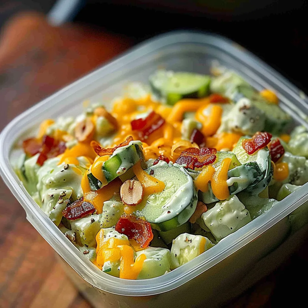 A container of food with cheese, cucumbers, and bacon.