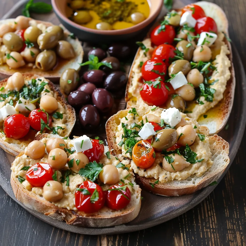 A plate of food with bread, tomatoes, olives, and hummus.