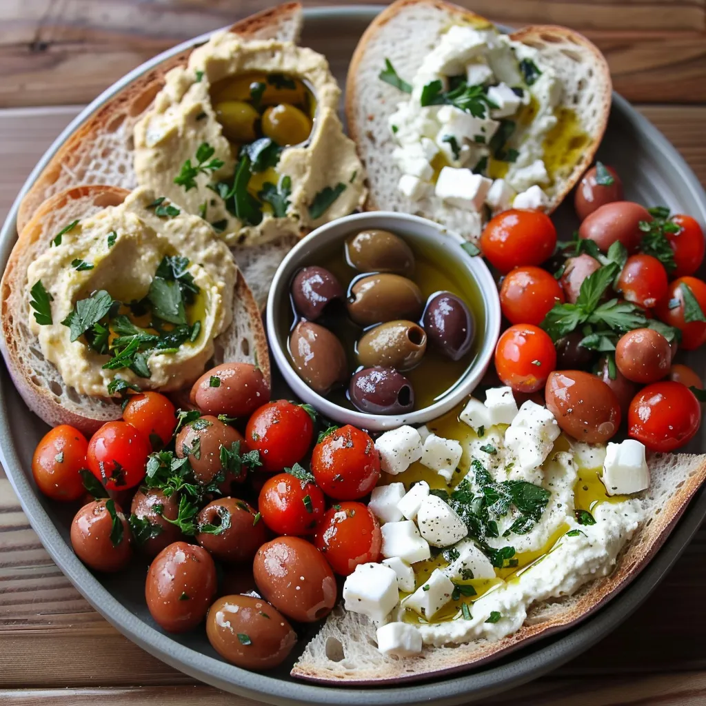 A plate of food with bread, tomatoes, olives, and cheese.