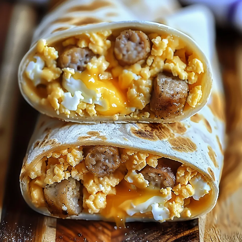 A breakfast burrito with eggs, sausage, and cheese.