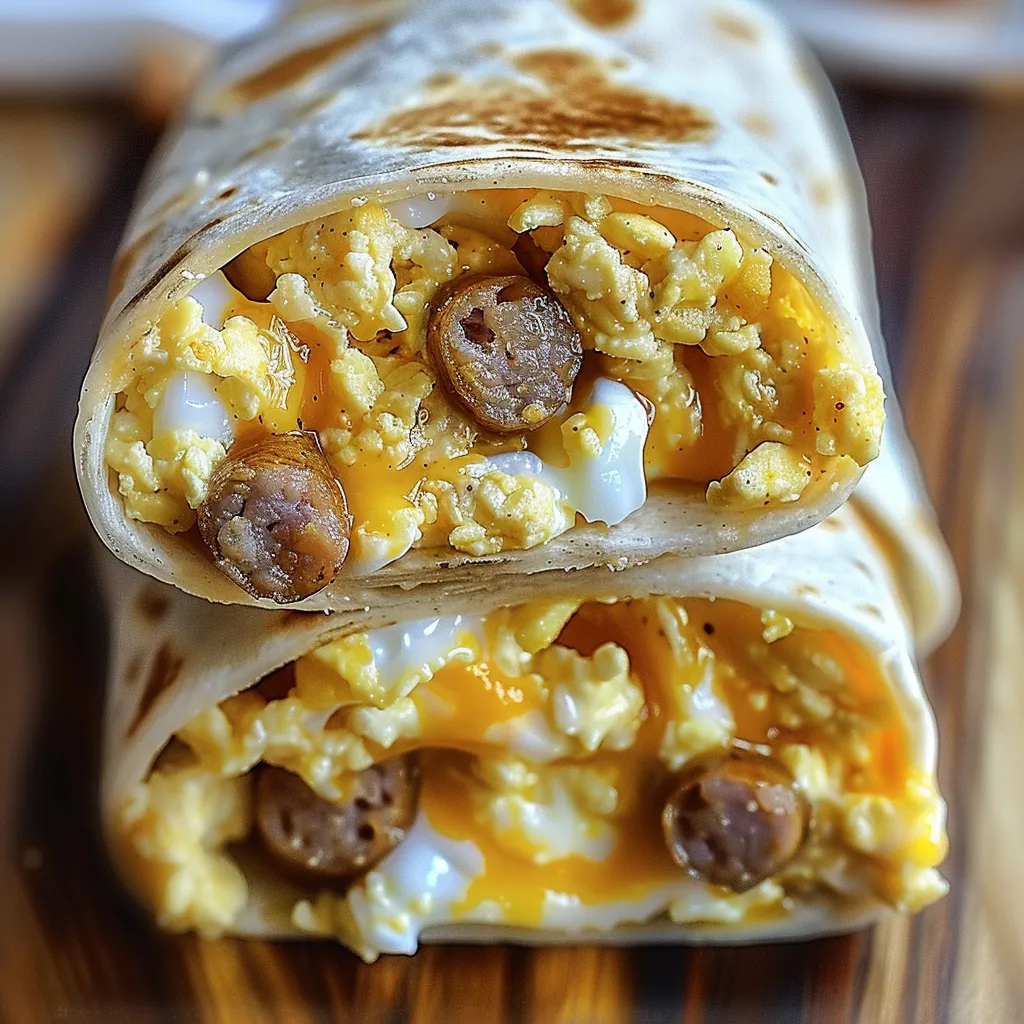 A breakfast burrito with eggs, sausage, and cheese.