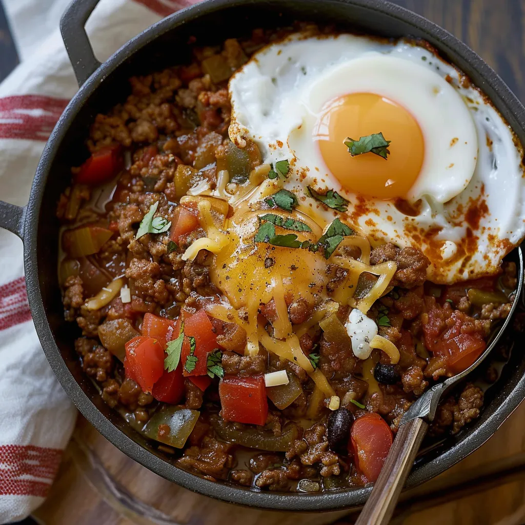 A bowl of chili with a fried egg on top.