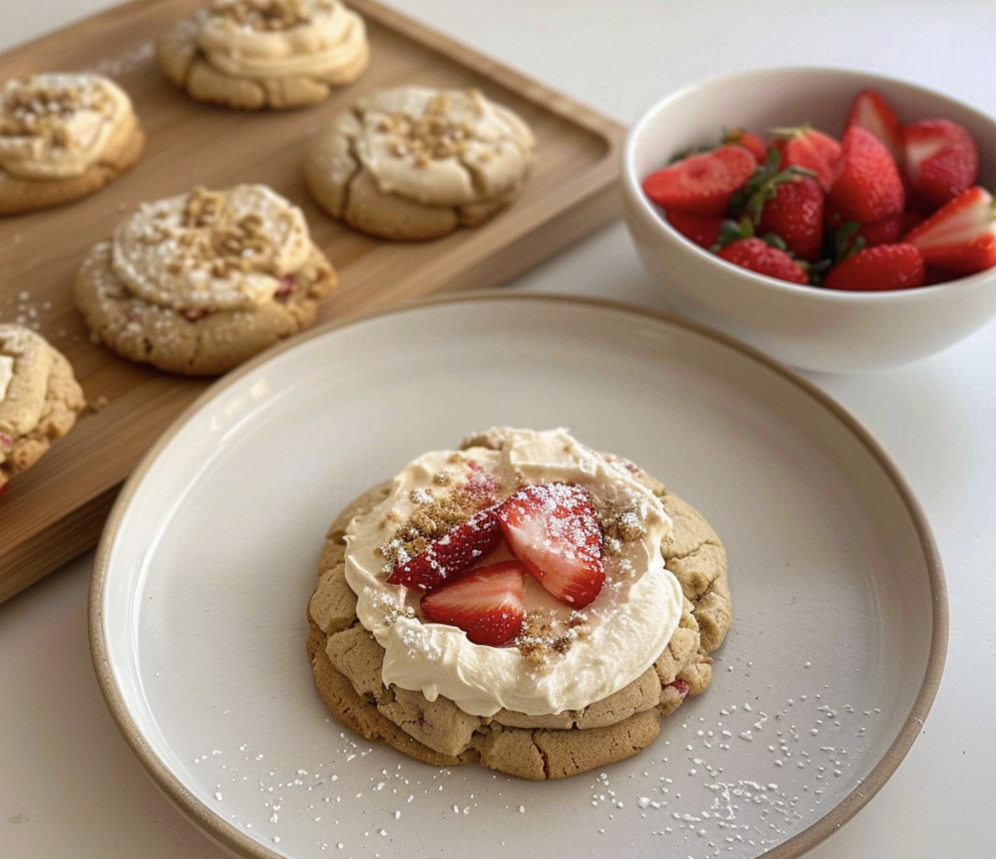A plate with a cookie and strawberries.
