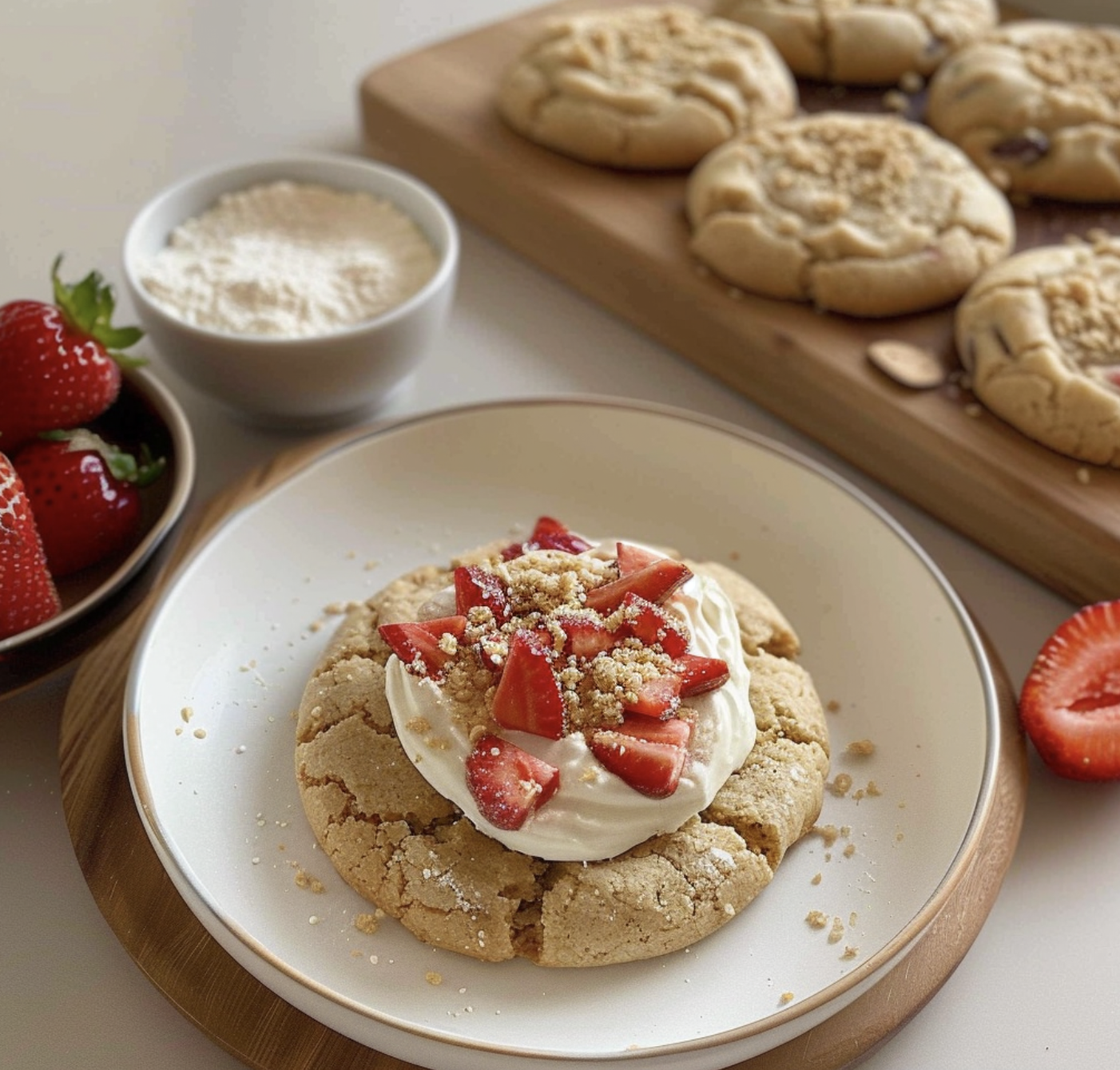 A plate with a cookie and strawberries.