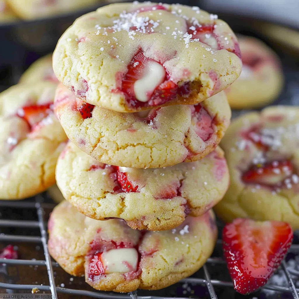 A stack of cookies with strawberries on top.