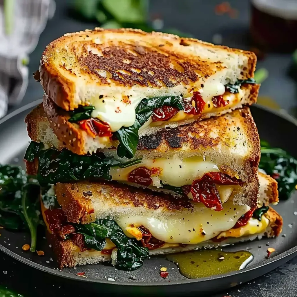 A sandwich with cheese and spinach on a plate.