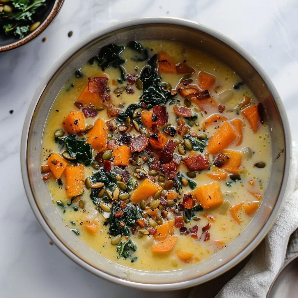 A bowl of soup with bacon and spinach.